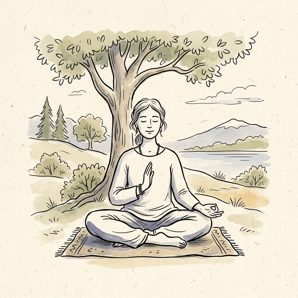 A person sitting cross-legged on a mat meditating under a large tree beside a lake with mountains in the background